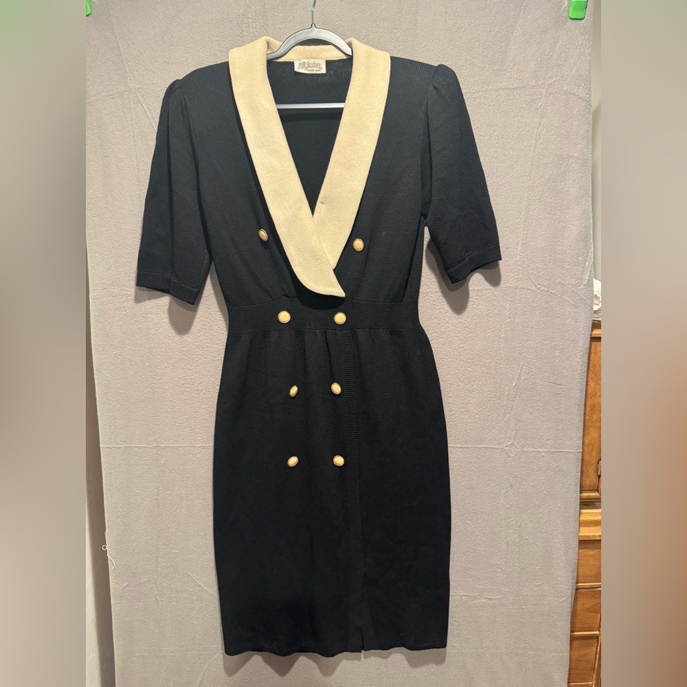 Vintage St. John by Marie Gray Black Dress with Cream Collar and Gold Buttons
